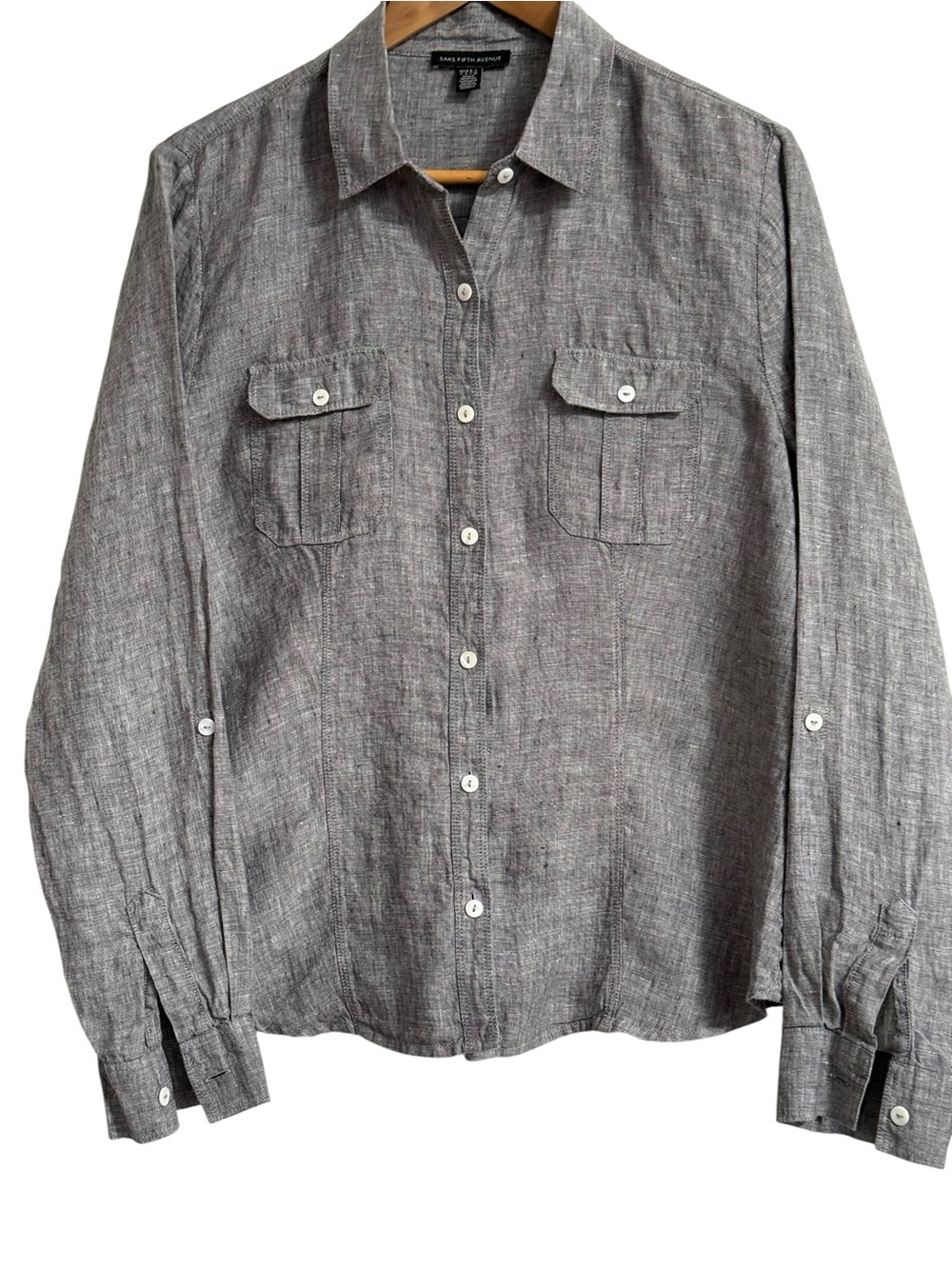Saks Fifth Avenue 100% Linen Coastal Button-Down Shirt Gray Women’s Large